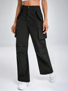 SHEIN Unity 休闲纯色直筒工装裤 - 黑色 - 查看 4