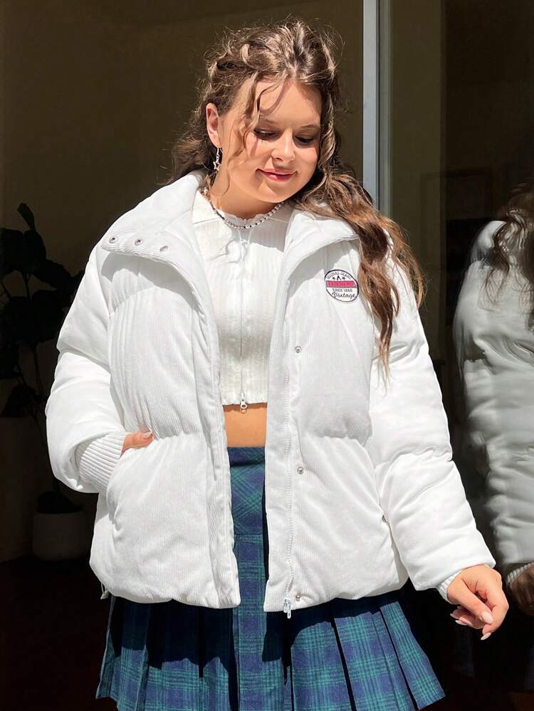 Plus Size Women's Corduroy Jacket With Alphabet Patch