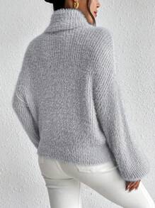 Chiquease Turtleneck Drop Shoulder Fluffy Knit Sweater,Long Sleeve Tops Knit Pullover Fall Winter Sweater - Grey - View 2