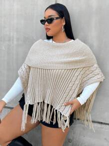Flirla Plus 1 pièce Poncho Pliable Col Bardot À Franges Manches Chauve-Souris
