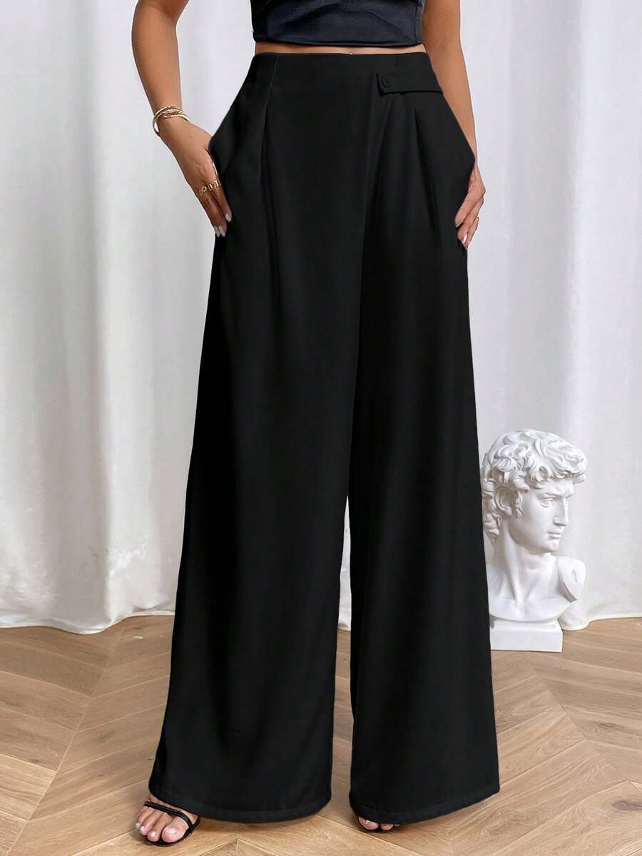 SHEIN Essnce Solid Wide Leg Suit Pants - Black - View 1