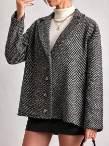 SHEIN Abrigo Con Cuello De Solapa Y Hombros Caídos - Blanco y Negro - Ver 3