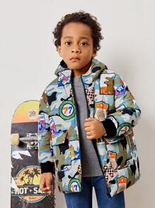 SHEIN Young Boy Cartoon Graphic Hooded Padded Coat