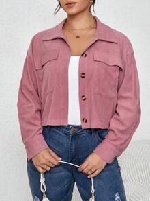 SHEIN Franclia 大碼翻蓋口袋落肩袖燈芯絨夾克 - 粉色 - 查看 5