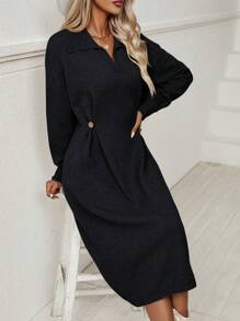 SHEIN Unity Solid Drop Shoulder Twist Side Sweater Dress - Black - View 5