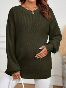 SHEIN Maternity Lantern Sleeve Drop Shoulder Sweater - Army Green - View 6