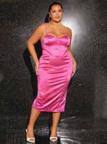 SHEIN SXY Plus Solid Satin Cami Dress - Hot Pink - View 5