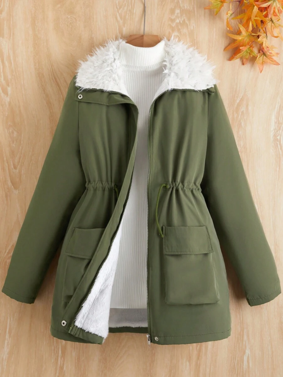 Teenage Girls' Green Parka With Drawstring Waist And Warm Lining For Fall And Winter - Army Green - View 1