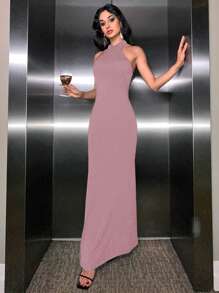 EURMUSE Solid Halter Neck Backless Dress - Pink - View 4