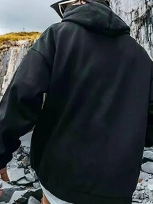 Men Slogan Graphic Kangaroo Pocket Drawstring Hoodie - Black - View 2
