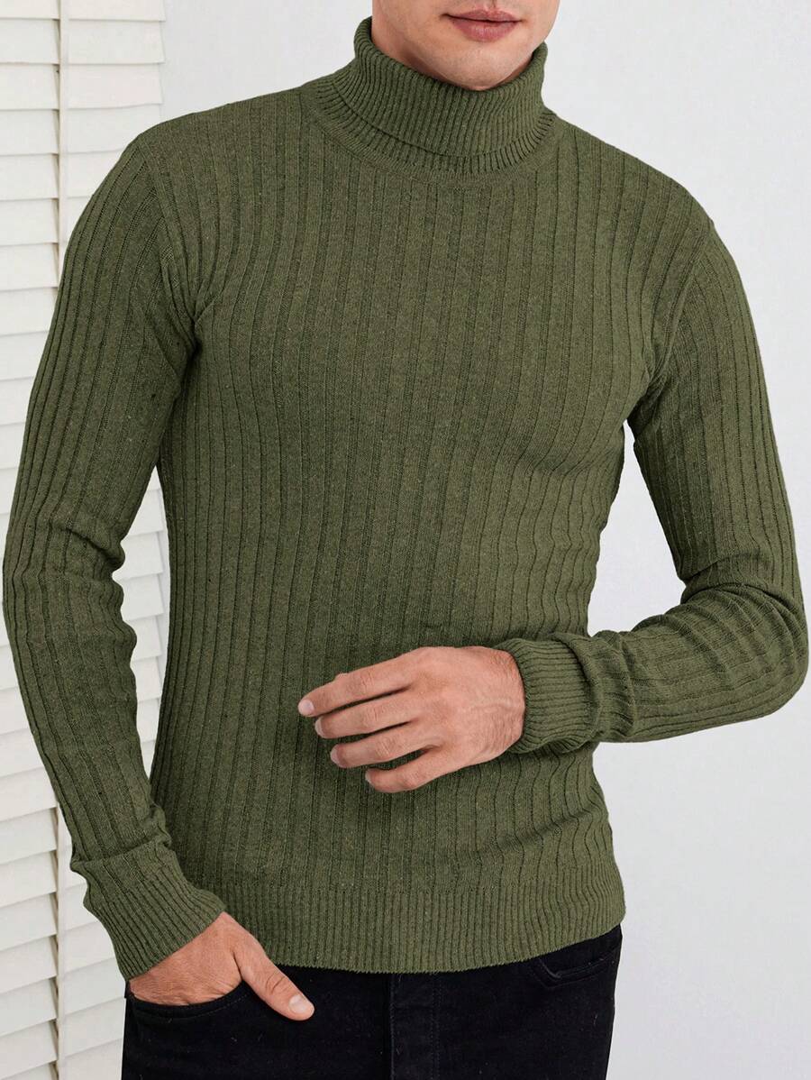 EURMUSE Men High Neck Ribbed Knit Sweater - Army Green - View 1