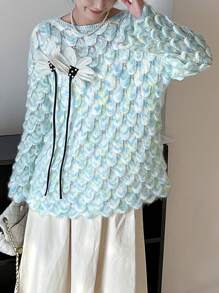 Floral Decor Drop Shoulder Oversized Sweater - Blue - View 1