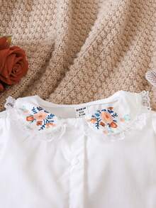 女嬰花卉刺繡荷葉袖上衣&背帶洋裝