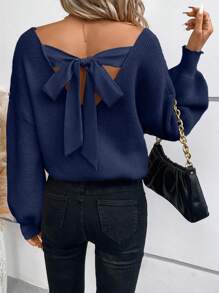 SHEIN Frenchy Tie Back Drop Shoulder Back Band Sweater,New Years Women Outfit In Fall/Winter - Navy Blue - View 5