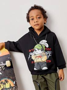 SHEIN Young Boy Cartoon & Letter Graphic Drop Shoulder Hoodie