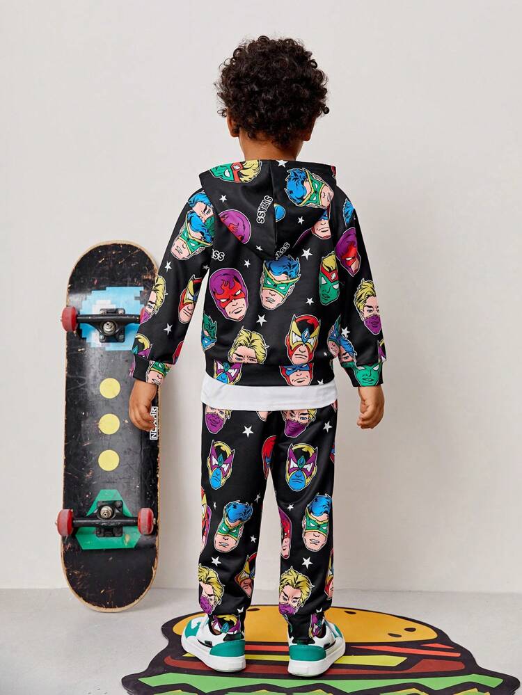 Young Boy Cartoon Graphic Hoodie & Sweatpants
