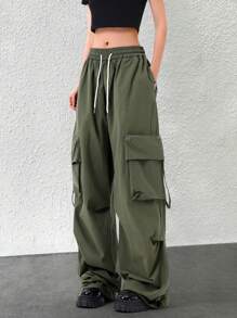 SHEIN Unity Túi có nắp Eo dây rút Quần Cargo - xanh quân đội - Xem 4