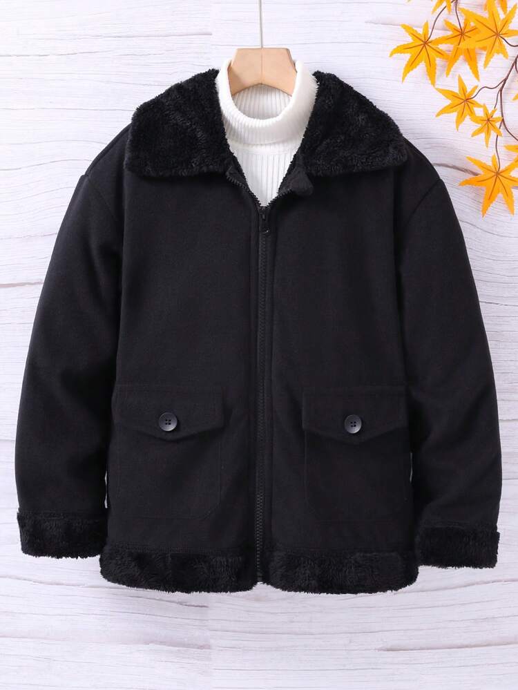 Tween Girl 1pc Borg Collar Flap Pocket Drop Shoulder Zipper Overcoat
