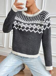 SHEIN Unity Jersey con patrón geométrico de manga raglán - Multicolor - Ver 1