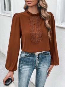 SHEIN Frenchy Guipure Lace Insert Lantern Sleeve Frill Trim Blouse - Rust Brown - View 4