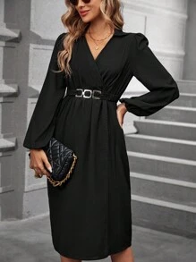 SHEIN LUNE Solid Wrap Front Lantern Sleeve Dress With Belt - Black - View 1