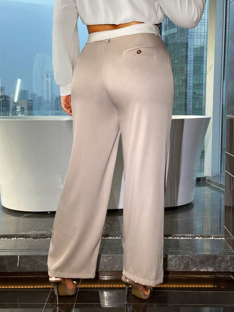 Plus Foldover Waist Plicated Detail Pants