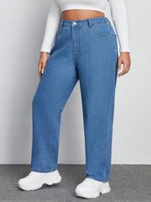 SHEIN EZwear 大碼高腰直筒牛仔褲 - 中等水洗藍 - 查看 3