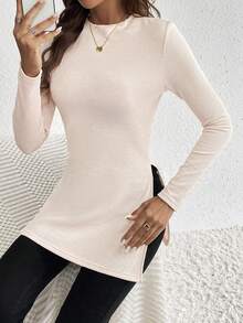 SHEIN Frenchy Solid Split Hem Tee - Apricot - View 4