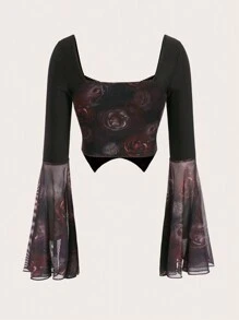 ROMWE PUNK Floral Print Flounce Sleeve Crop Tee - Black - View 2