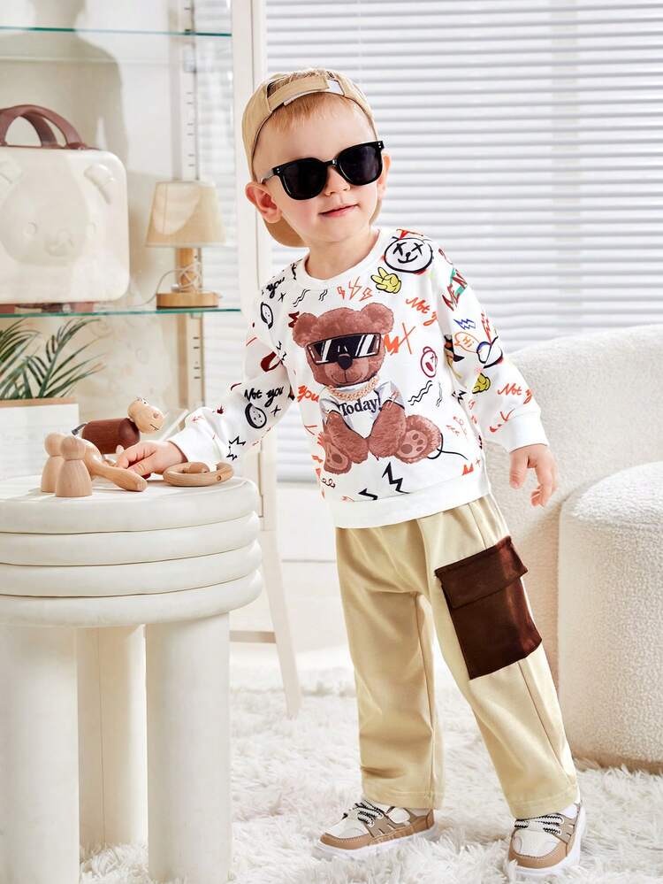 Baby Boy Bear Print Sweatshirt & Patched Pocket Pants