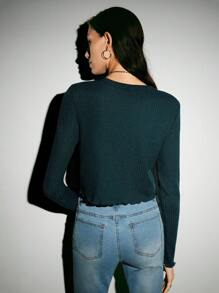 SHEIN EZwear Lettuce Trim Rib-knit Top - Dark Green - View 2