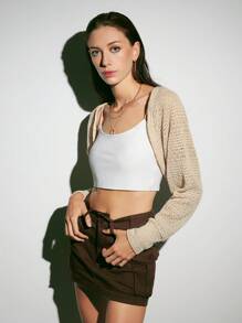 DAZY Pointelle Knit Open Front Crop Cardigan Without Cami Top - Beige - View 5