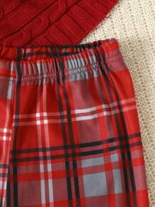 青少年女孩聖誕印花對比邊框上衣和格紋褲子緊身睡衣套裝 - 紅色 - 查看 4