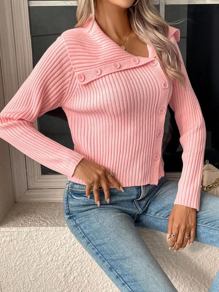 Foldover Collar Button Front Ribbed Knit Cardigan Fall Cloth For Women