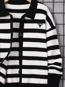 SHEIN 男大童條紋圖案落肩袖前紐扣開襟衫 - 黑與白 - 查看 6