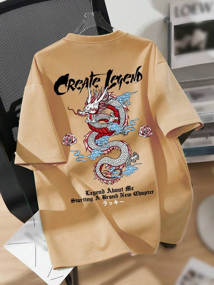 Thiếu niên con trai Slogan & Đồ họa rồng Áo thun Thả vai - Màu Khaki - Xem 1