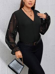 SHEIN Privé Plus Pearls Beaded Flounce Sleeve Blouse - Black - View 5