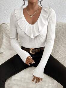 SHEIN Frenchy 1pc Ruffle Trim Ribbed Knit Tee - White - View 3