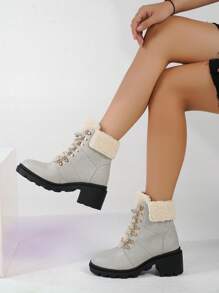 女款及踝靴，休閒，保暖，粗跟，純色，繫帶，圓頭，人造羔羊毛短靴 - 灰色 - 查看 7