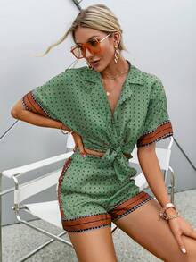 Sollinarry 女士夏季复古印花蝙蝠袖上衣短裤休闲套装，松紧腰，宽松版型，轻薄面料，建议选购大一码。 - 綠色 - 查看 5