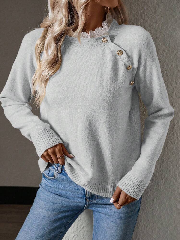 Contrast Lace Trim Button Detail Raglan Sleeve Knit Pullover Fall Winter Sweater