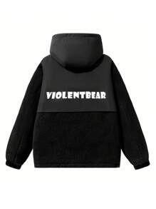 Men's Letter Printed Fleece Drawstring Hooded Padded Coat - Black - View 2