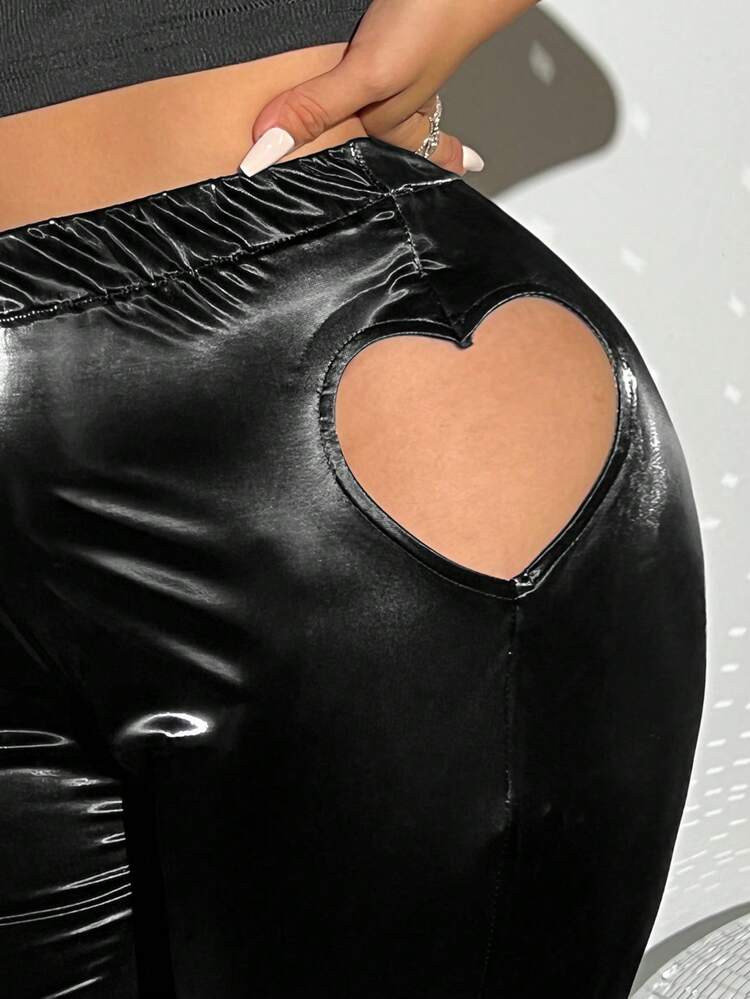 Plus Heart Cut Out Side Flare Leg PU Leather Pants
