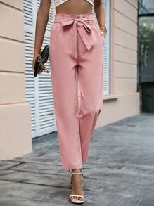 SHEIN Privé Paperbag Waist Belted Straight Leg Pants - Dusty Pink - View 5