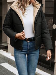 SHEIN Frenchy Zip Up Hooded Padded Coat For Winter - Black and White - View 1