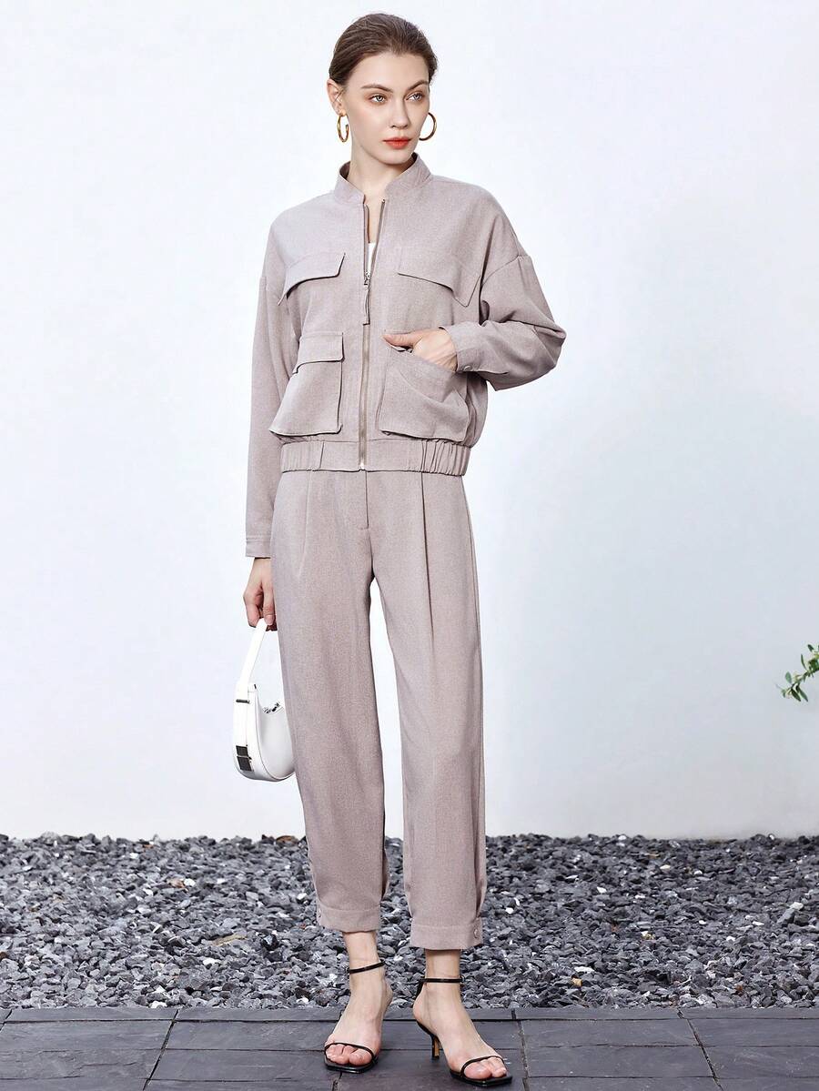 SHEIN BIZwear 翻蓋口袋落肩袖夾克和褲子 - 駝色 - 查看 1