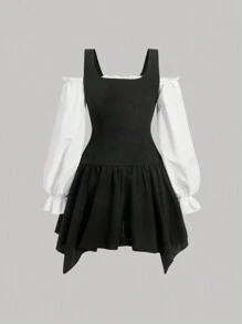 SHEIN MOD 2 In 1 Cold Shoulder Frill Trim Flounce Sleeve Dress - Black and White - View 2