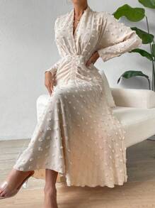 Chiquease 圓點前收褶A字洋裝 - 杏色 - 查看 6