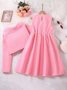 SHEIN Tween Girl Mesh Frill Trim Jacket & Pleated Dress - Pink - View 2