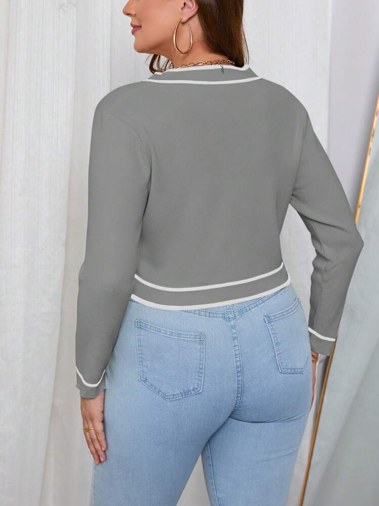 SHEIN Essnce Talla grande Cárdigan ribete en contraste con botón delantero - Gris - Añade 2